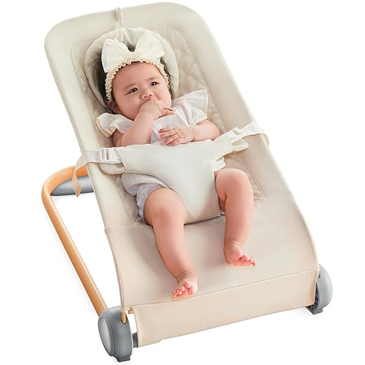 Fodoss Baby Bouncer - Ergonomic Design Baby Bouncer Seat for Infants, Portable Baby Bouncer Seat, Bouncer for Babies 0-12 Months, Beige