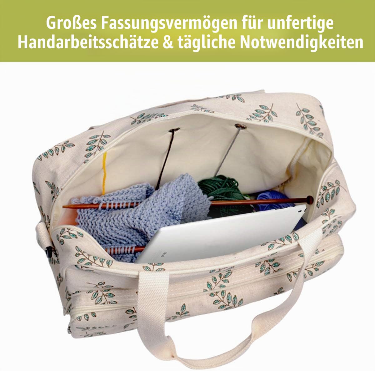 Becko Garntasche, Häkeltasche, Stricktasche, Garn-Tragetasche, Organizer für Projekte, Garnbälle, Häkelnadeln, Stricknadeln, Maschenhalter und anderes Zubehör, beige, Individuell