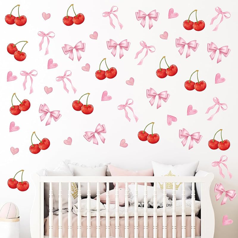 Bow Cherry Wall Stickers Decor Wallpaper 8 Sheets for Decoration Living Room,Bedroom,Glass Doors Windows,Kitchen,Bathroom,Bowknot Fruit Art Design Wall Decals for Adults,DIY Accessories