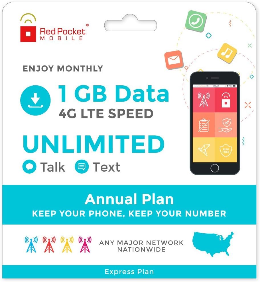 Red Pocket Mobile Express 360 Day Prepaid Phone Plan, No Contract, Free SIM Kit; Unlimited Talk, Unlimited Text & 1 GB of LTE Data - Only $17/Month