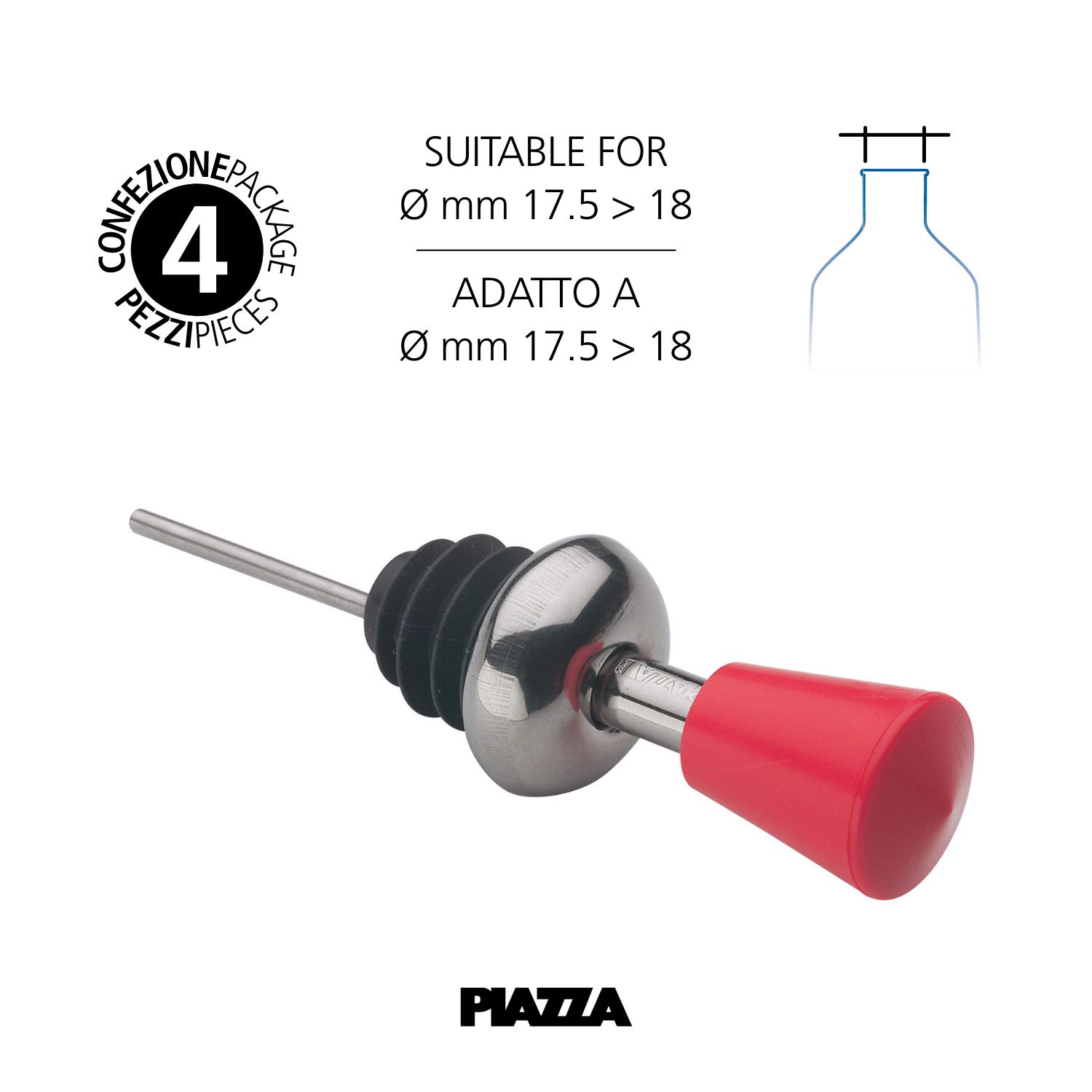 PIAZZA Tappo Versatore Diritto in Acciaio Inox con Silicone e Capsula - Confezione da 4 Pezzi