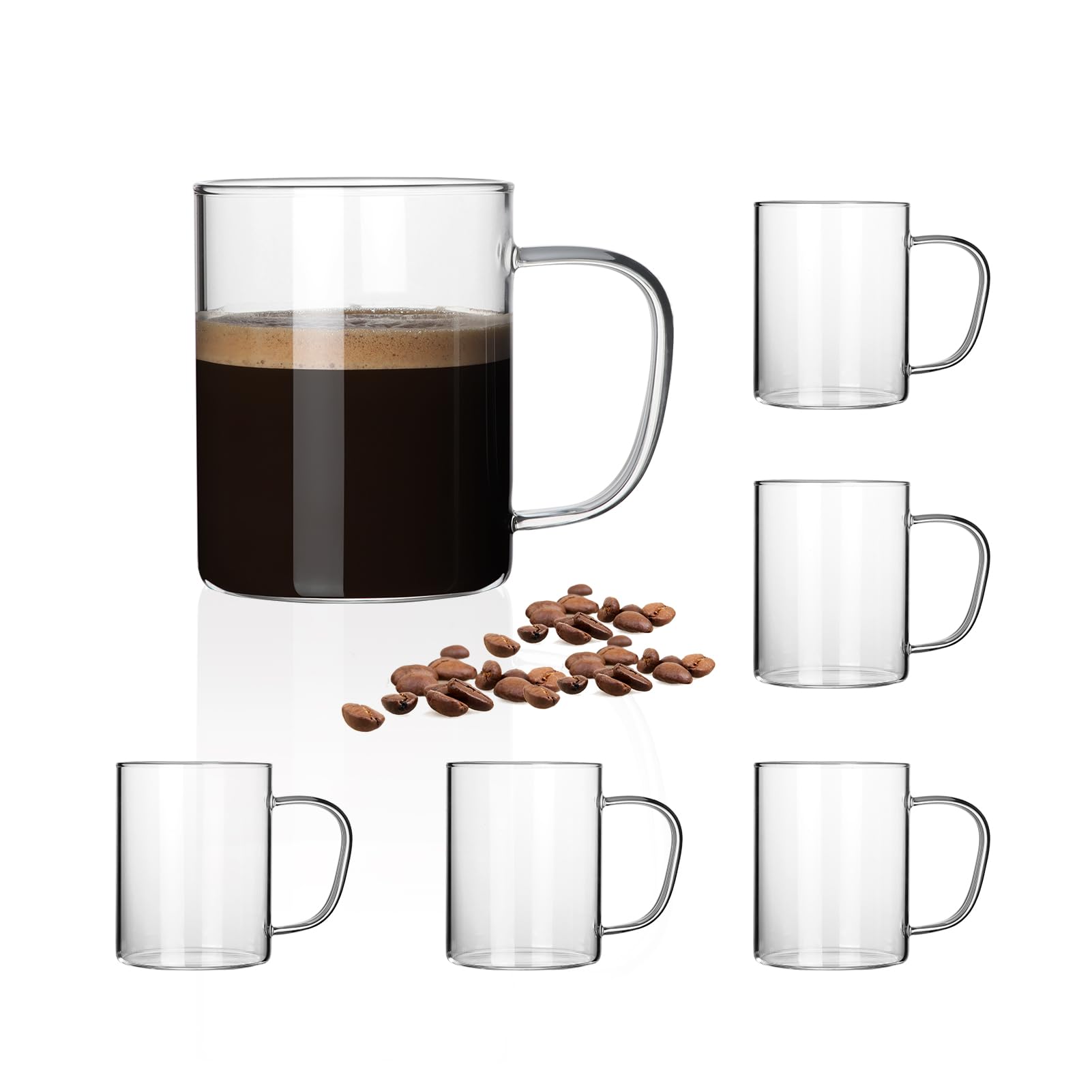 HORLIMER 15 oz Glass Coffee Mugs Set of 6, Clear Coffee Cup with Handle for Tea Cappuccino Latte Milk Juice Hot and Cold Beverages