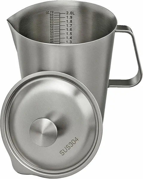 Stainless Steel Measuring Pitcher with Lid, 70 oz / 2L Large Metal Jug with Handle & Dual Scales, Wide Mouth Graduated Cup for Milk Frothing, Iced Tea, Espresso, Hot & Cold Water