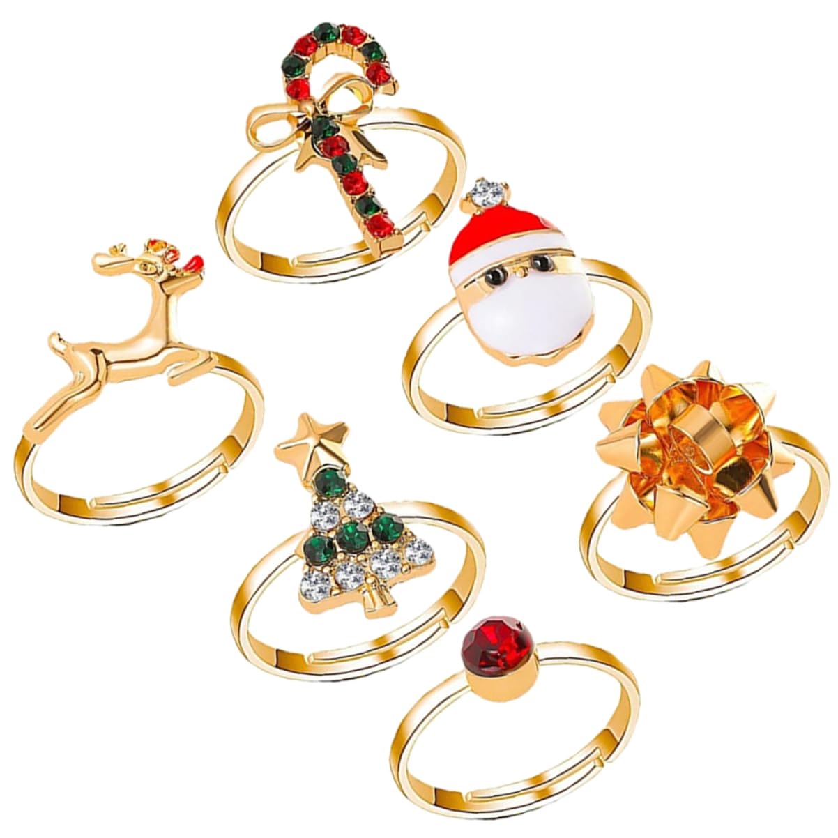 Ipetboom Adorable Christmas Tree Ring Set 6pcs Kids Christmas Deer and Party Jewelry for Children