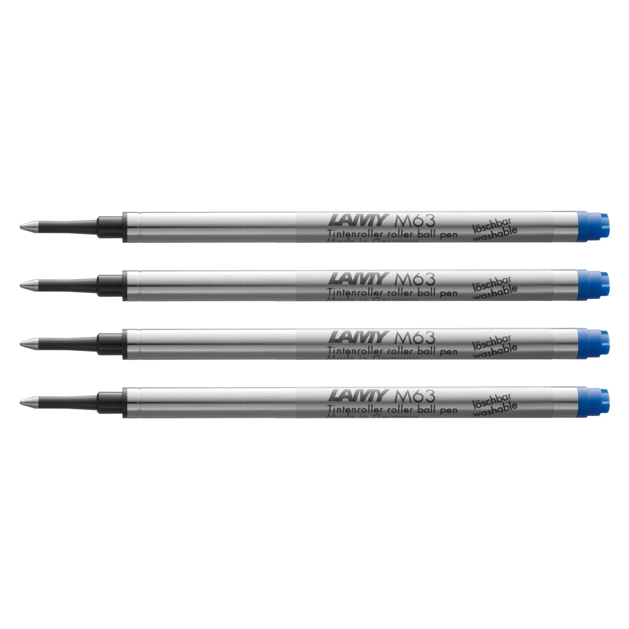 Lamy M63 4-pack of large-capacity metal rollerball refills - Original replacement refills for all rollerball pens with cap - Document-proof - Medium line width in blue ink