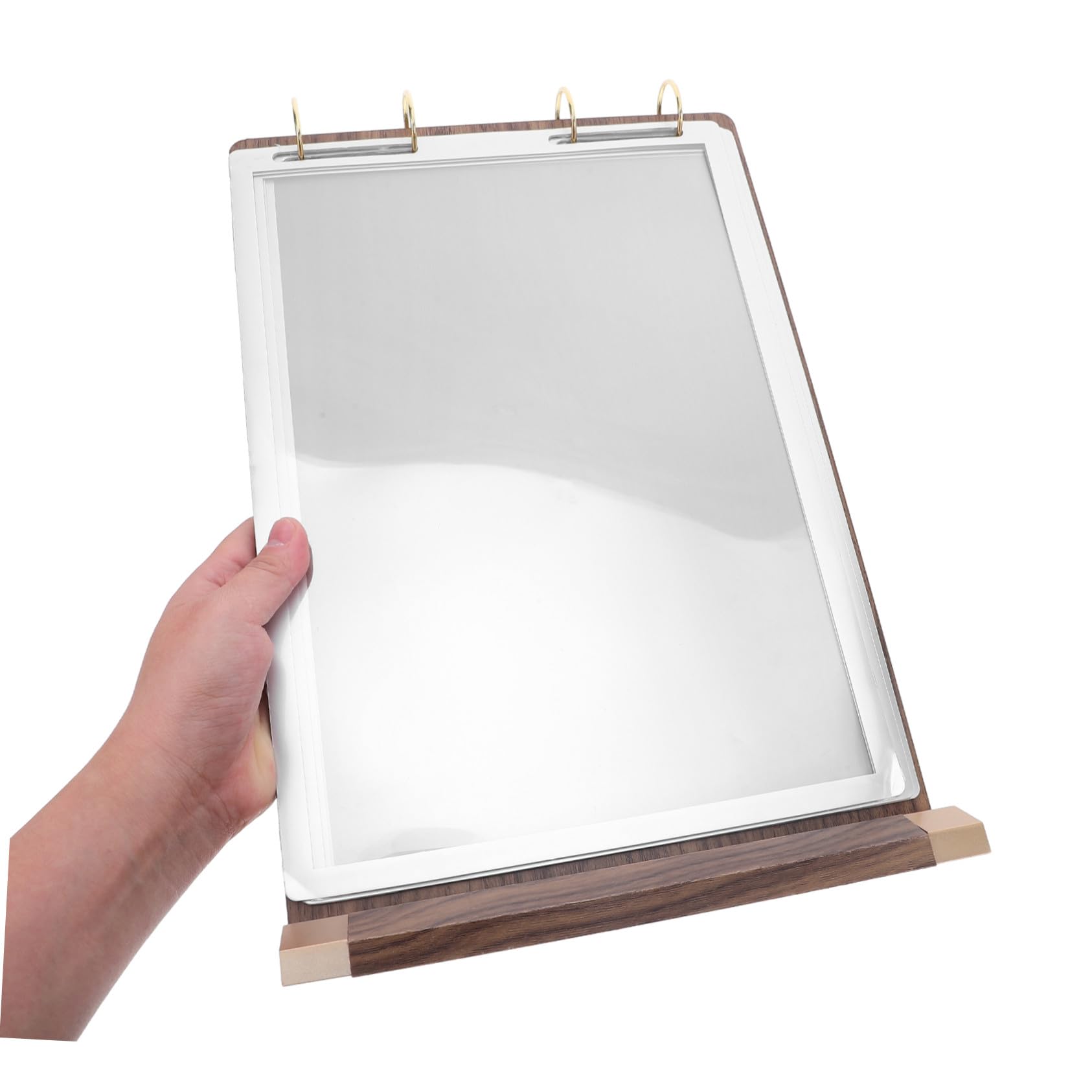 LABRIMP Soporte para Cartas de Menú de Madera de Nogal Exhibidor de Mesa con Páginas Doble Cara Soporte Giratorio para Restaurantes y Cafeterías Fácil Cambio Presentación Versátil para