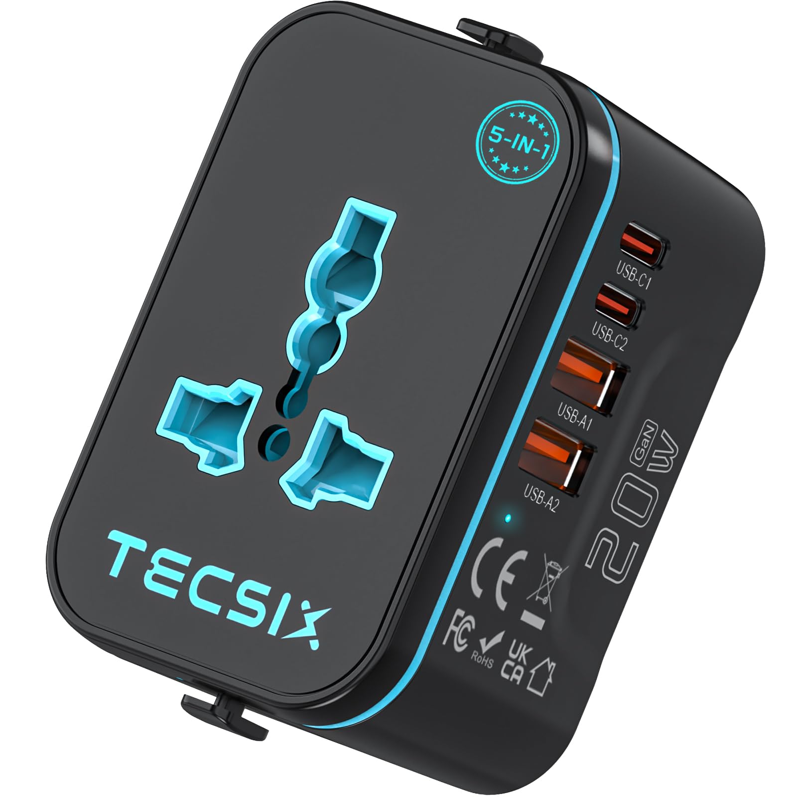 TECSIX Reiseadapter Weltweit, Universal Travel Adapter mit 2 USB-C und 2 USB-A, Internationaler Steckeradapter für EU UK USA AU, Netzadapter für Handy Laptop in über 200 Ländern