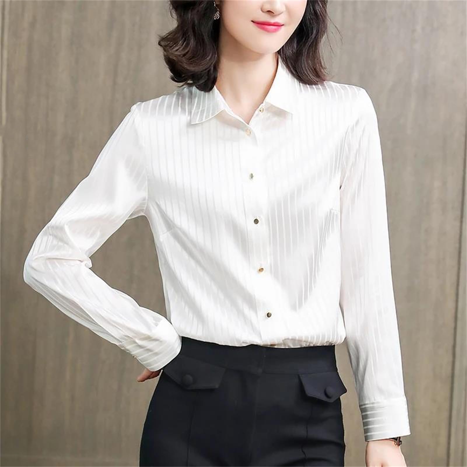 Blusa básica de satén de seda para mujer, cuello vuelto, manga larga, blusa a rayas