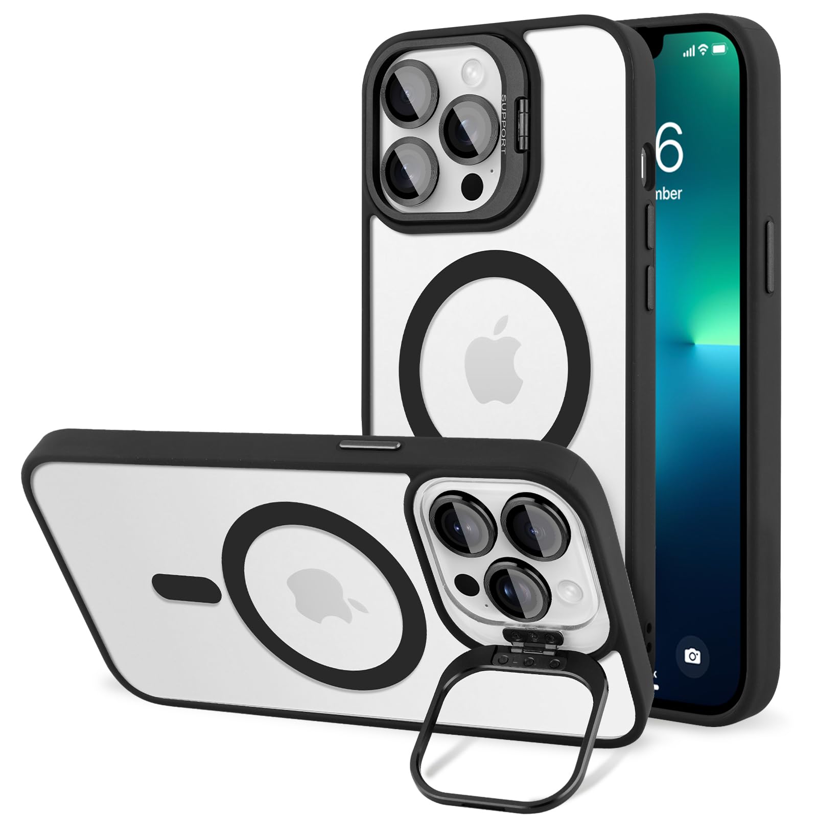 LEOMAKRON Magnetic Case for iPhone 13 Pro Max,Compatible with MagSafe,Camera Cover Kickstand,Clear Slim Shockproof Phone Case,Scratch-Resistant