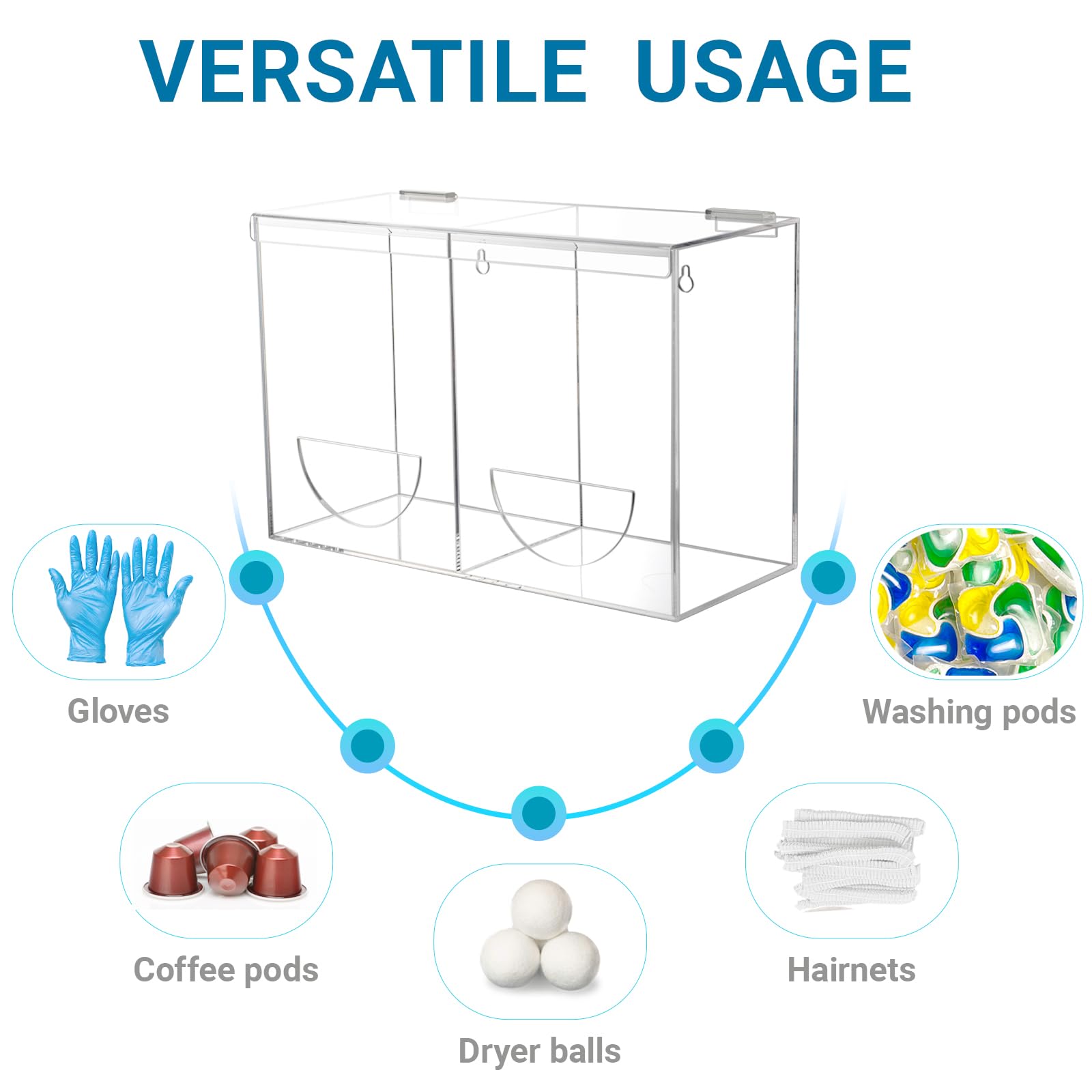 Dispenser per guanti da parete, contenitore in acrilico con 2 scomparti per guanti in gomma usa e getta, retine per capelli, tappi per le orecchie, capsule per bucato, pastiglie per
