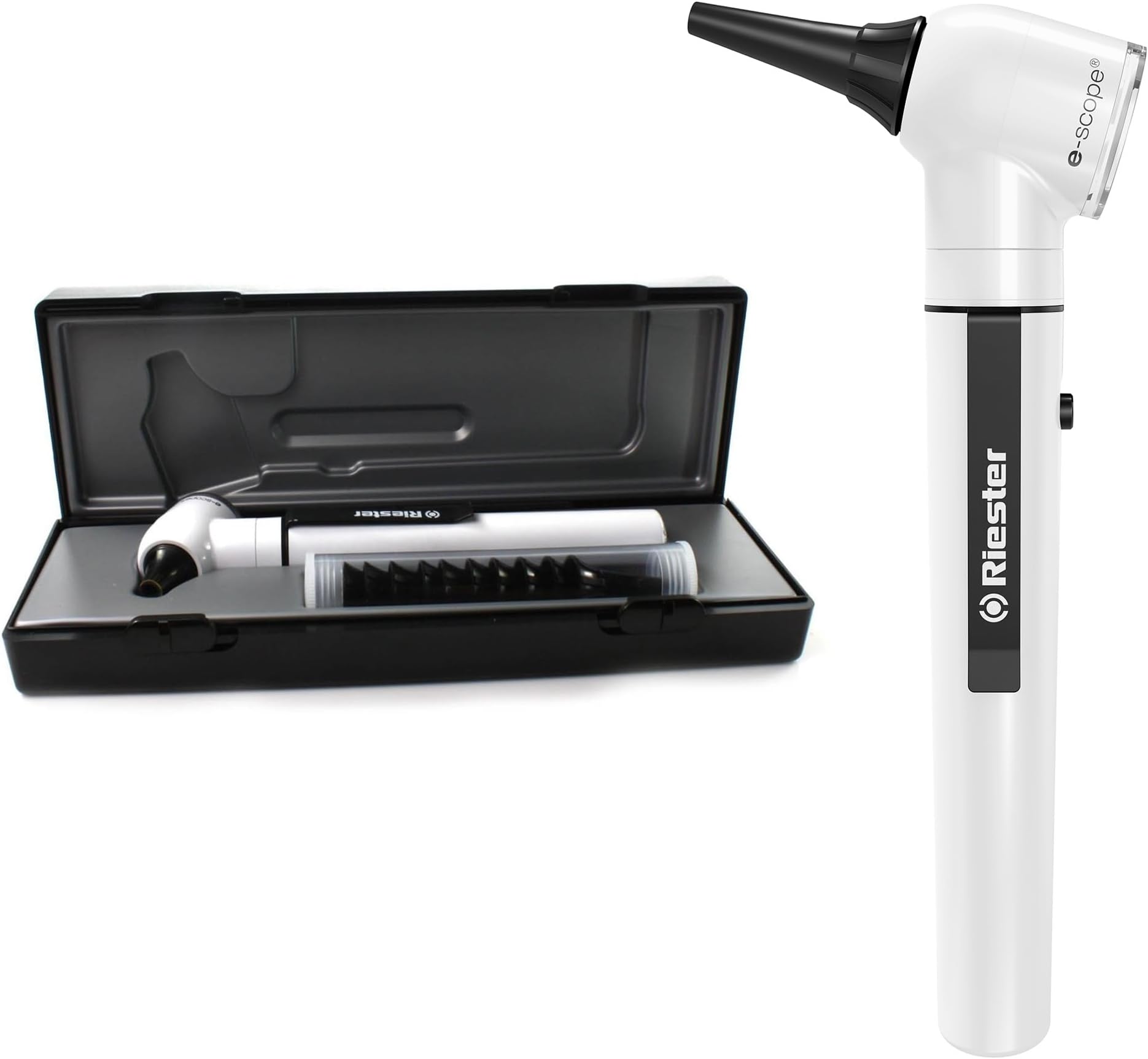 e-Scope Otoscope Direct Illumination, XL 2.5V Xenon Light (3.200 K), AA Battery Handle, Pouch Included, Pocket Sized, Re-Usable Ear Specula: (5) 2.5 mm and (5) 4.0 mm, Black, 2101-201