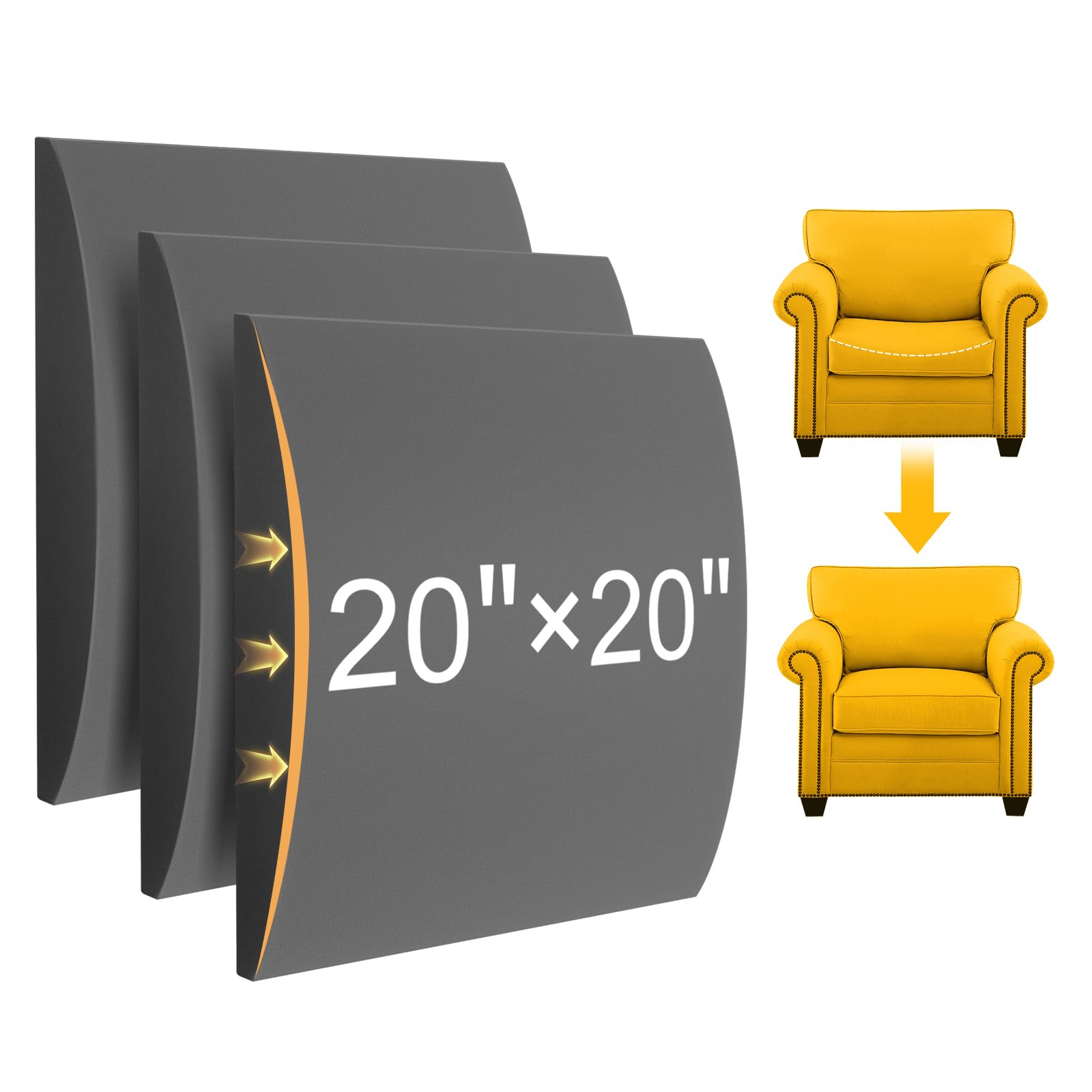 MYLIFESION Couch Cushion Support for Sagging Seat, 20x20x2 inches High-Density Foam Sofa Cushions Support, Under Cushion Sag Repair, Grey Set of 3