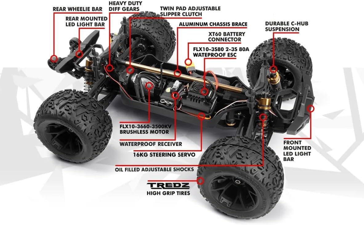 Labeled chassis components of the Maverick Quantum2 MT Flux Monster Truck