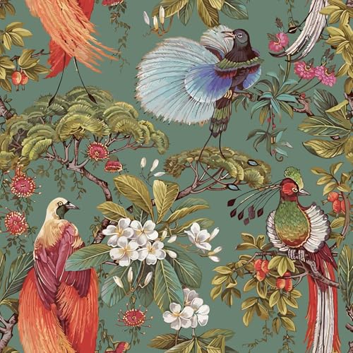 VEELIKE Vogel Blumen Tapete Selbstklebend Vintage Graugrün Orientalische Mustertapete Dschungel Tapete Blumen Selbstklebend Chinoiserie Blumentapete für Wohnzimmer Schlafzimmer Möbelfolie 44.5cmx300cm