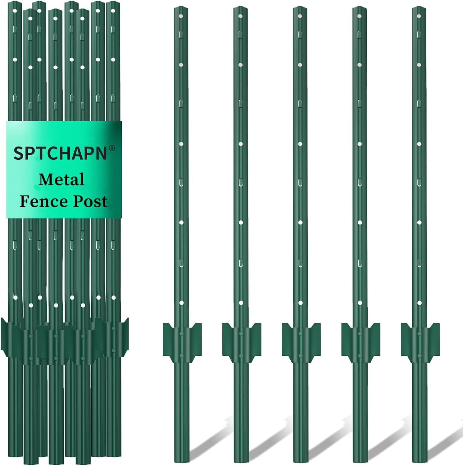 Sptchapn 91cm / 3ft Metal Fence Post, Pack of 5, Strong and Durable U-Fence Post No Digging Green T-Posts forYard, Garden Patio, Outdoor Wires (5) — image 1
