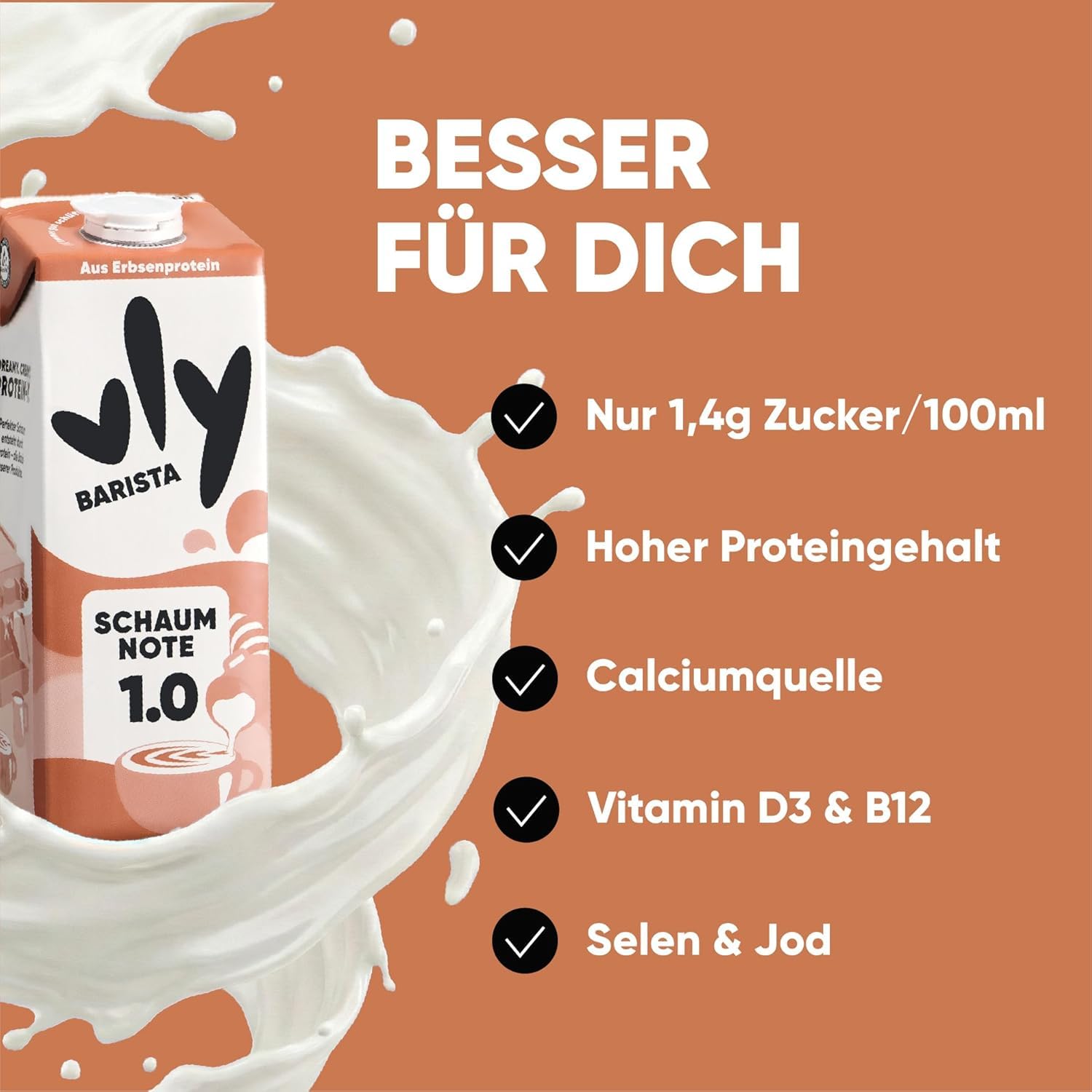 vly BARISTA Vegane Milchalternative Erbsenprotein Cremiger Schaum Ballaststoffen Calcium Vitaminen Protein Laktosefrei Glutenfrei Zuckerarm Pflanzlich 16x1L