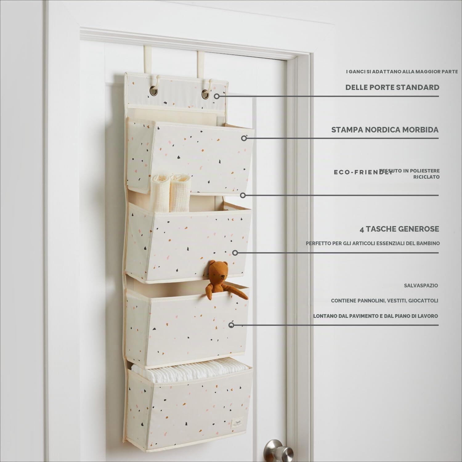 3 Sprouts Organizer da Appendere, 4 Tasche e 2 Ganci, Terrazzo Crema | organizer pensile; per pannolini, vestiti, giochi e cameretta; aggancio alla porta; libera spazio su scaffali e mobili