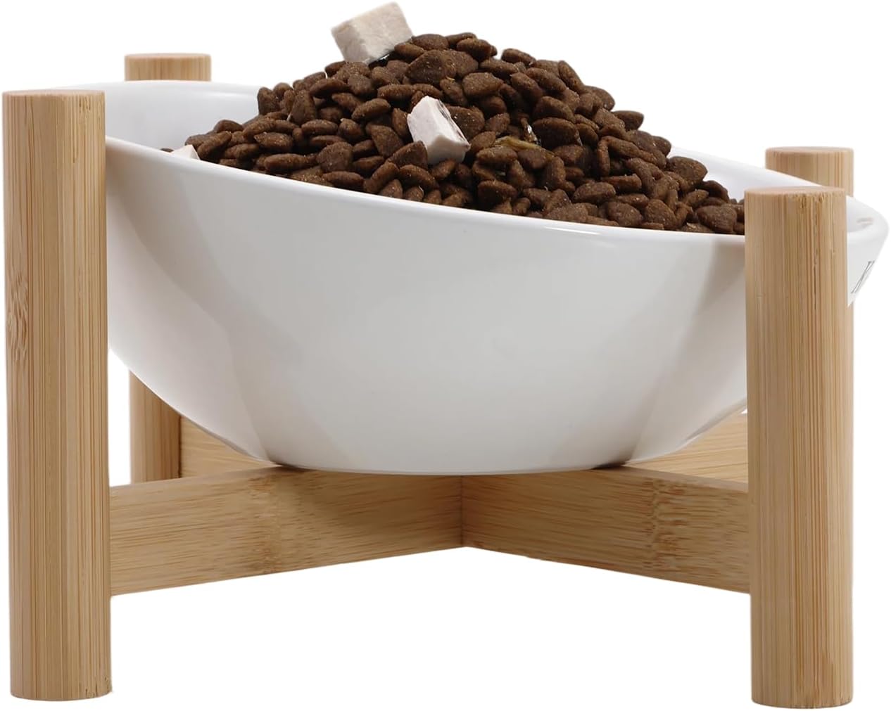 15° Slanted Rim Ceramic Cat Bowl, Anti-Spill for Small Cats,White | Food-safe Ceramic with Wooden Stand,Ergonomic Tilt Relieves Neck Strain,Anti-Vomiting,Prevents Whisker Fatigue
