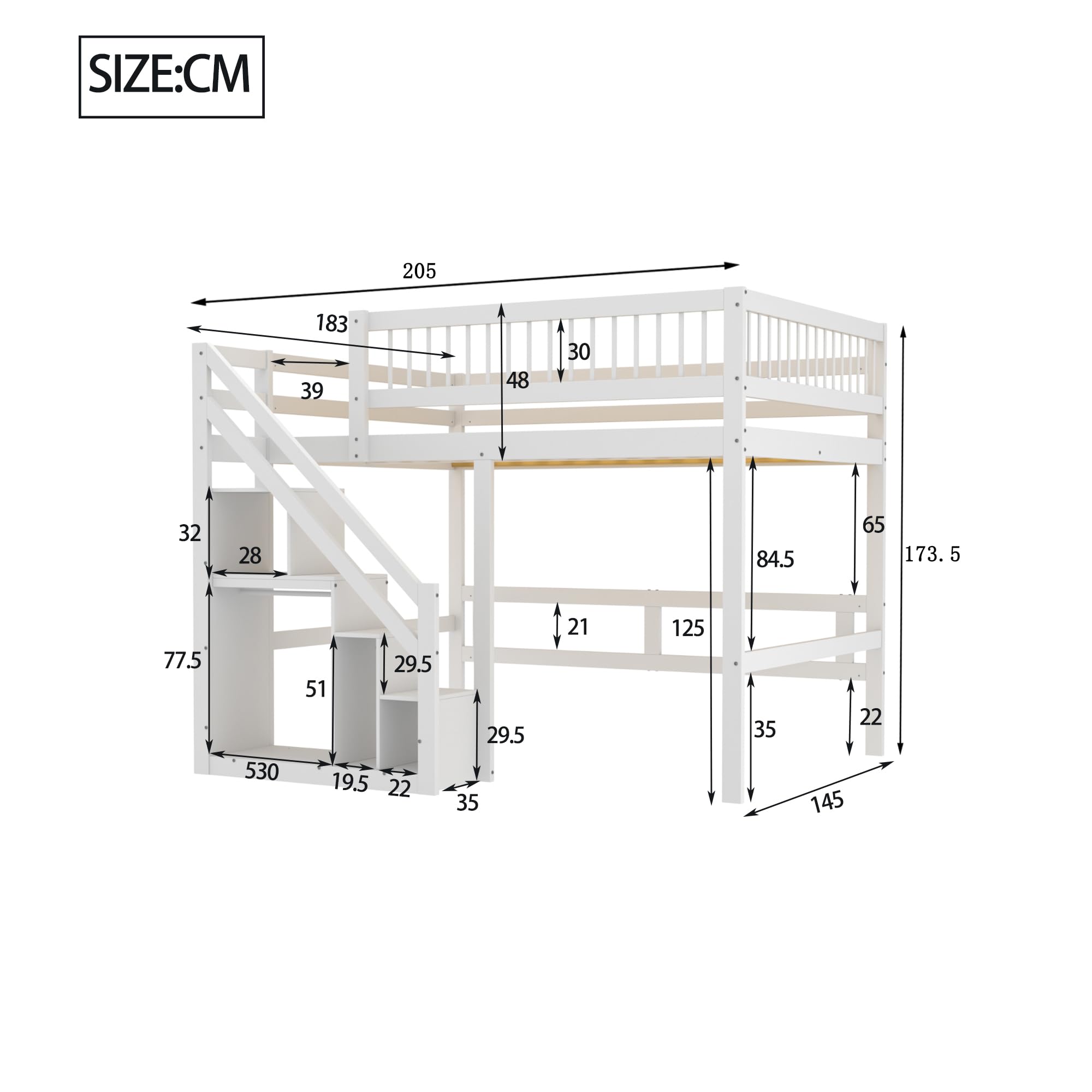 Łóżko z litego drewna, schody z szafką do przechowywania, łóżko dziecięce, łóżko młodzieżowe, łóżko pojedyncze, rama z litego drewna, wysoka wersja (białe, 140 x 200 cm)