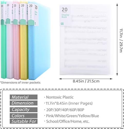 Miniatura 3 de Phyxin Carpeta de plástico para presentaciones, 20 bolsillos, carpetas de archivos, fundas transparentes, protectores de libros, organizador de