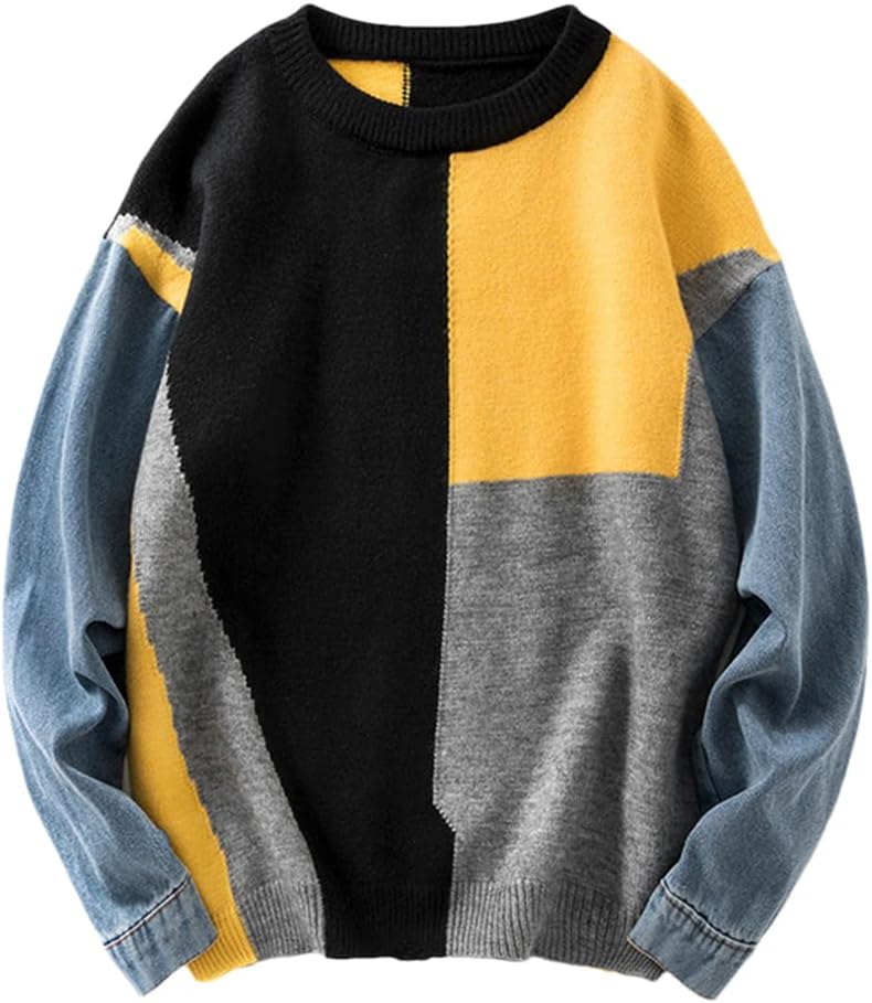 Men Winter Autumn Crew Neck Patchwork Loose Casual Long Sleeve Plus Size Sweater