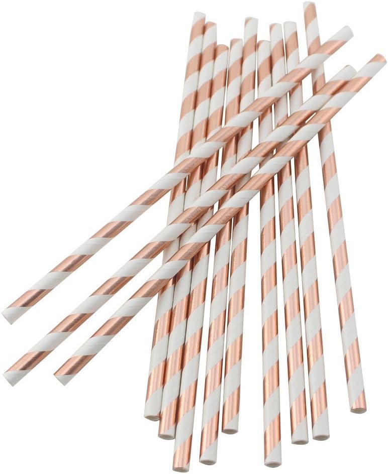 Palmay Disposable Paper Drinking Straws Biodegradable Foil Rose Gold Striped Straw 100 pcs for Party DIY