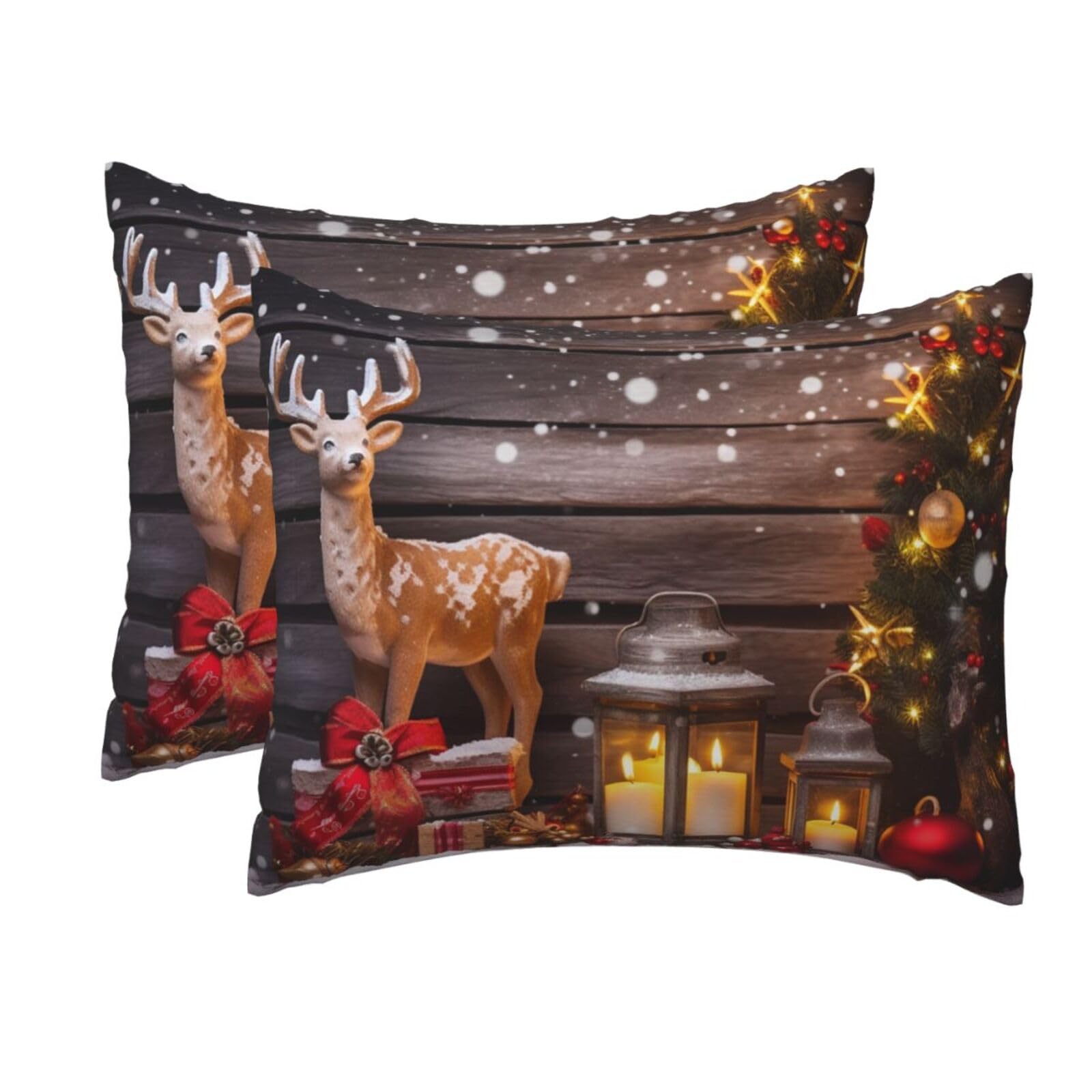 2 Pack Standard Size Pillow Cases for Hair and Skin Soft Breathable Pillow Case Covers with Hidden Zipper Merry Christmas Candle Deer Pillowcase 20x26 Inches Pillow Cover for Sleeping Gift