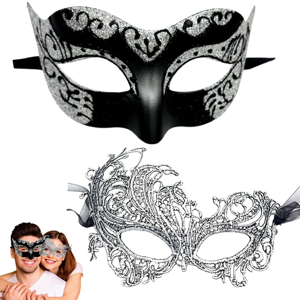 Men Women Venetian Mask, Masquerade Mask for Couple,2 Pcs Venetian Carnival Masks, Lace Half-Face Masks Sexy Dress-Up Accessories Costume Carnival Mask for Valentine's Day Couples Women and Men A