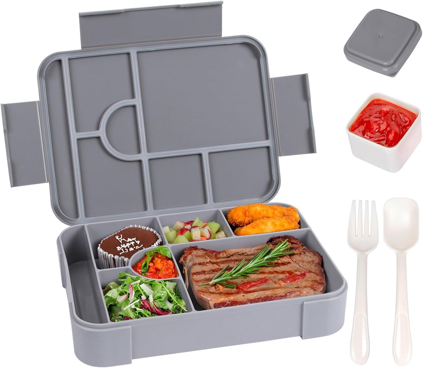 LIBRIZALunch Box, Bento Box | 7 Compartments Lunch Box | 1330ML With Utensils and Sauce Bowl | Leak Proof, Microwave Dishwasher Freezer Safe | Children's Snack Box, School Lunch Box (Grey)