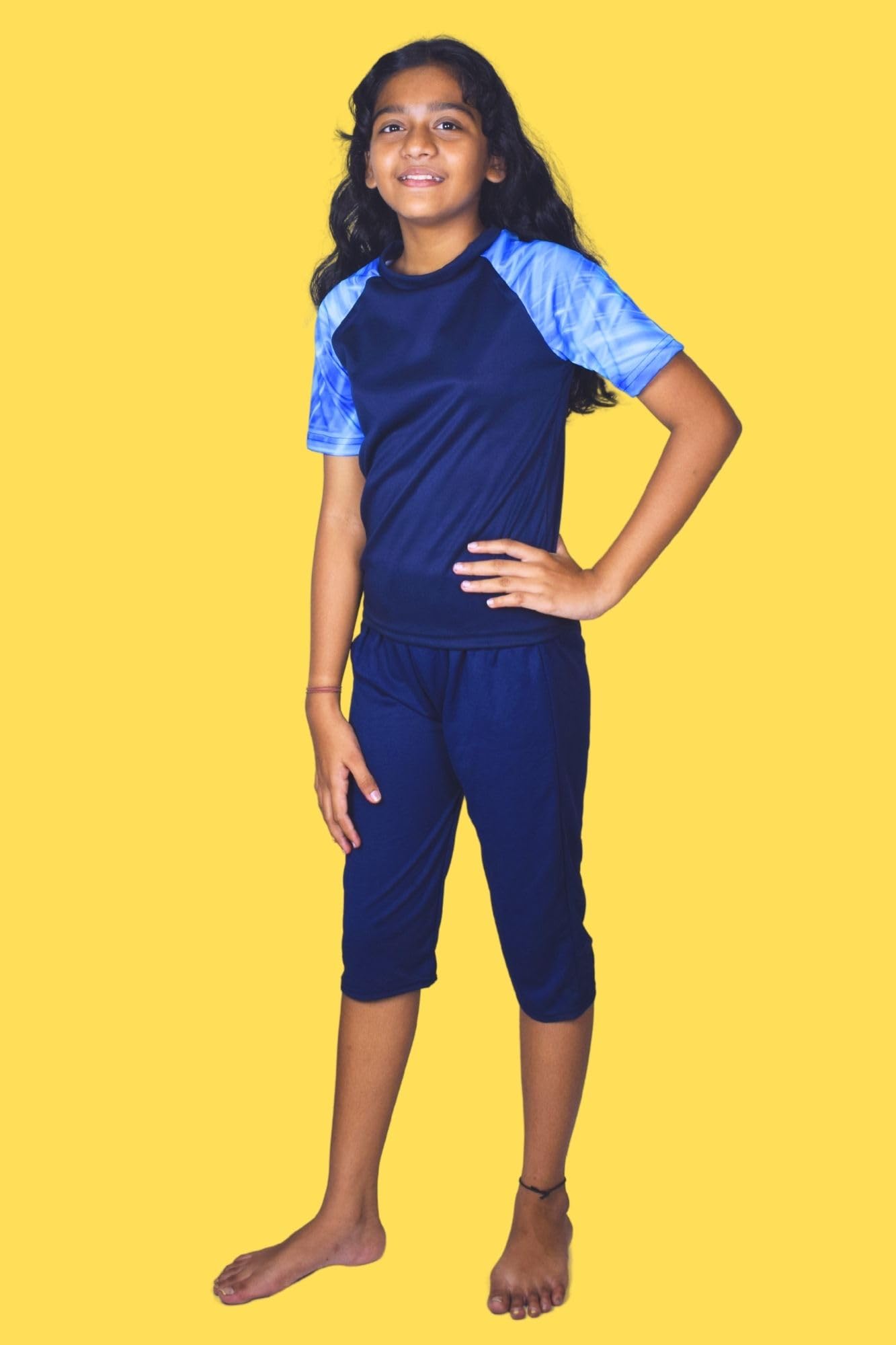 Aqua Holic Spandex Girls Regular Fit Printed Bottom & Top Set | Swimwear | Adjustable, Quick Drying Capris for Swimming, Beach, Waterpark - Blue (8-9 Years) 3