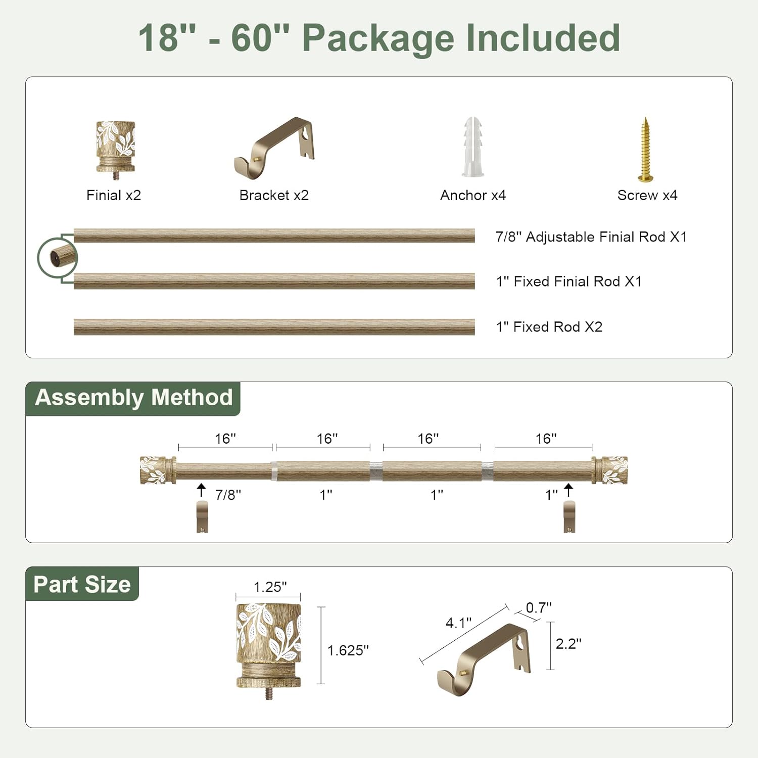 QDWIS Weathered Wood Curtain Rods for Windows 28 to 48 inch Boho Decorative Handmade Wood Grain Drapery Rods with Leaf Finial 1" Adjustable Heavy Duty Curtain rod for Living Room Bedroom Kitchen
