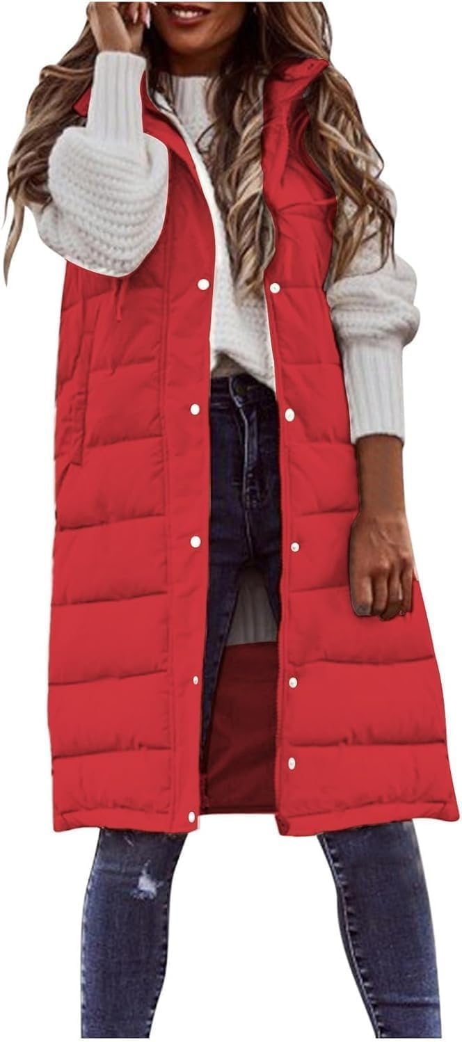 Womens Long Puffer Vest with Zipper Pockets Full Zip Sleeveless Quilted Vest Warm Down Padded Jacket with Hood