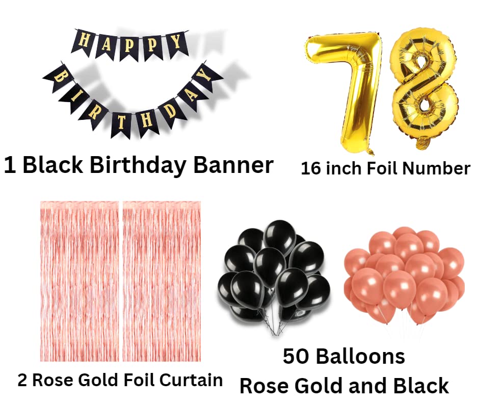 Image of 78th Birthday Decoration items for Girls with Black and Rose Gold Balloons, Black Happy Birthday Banner, Rose Gold Foil Curtain, Foil Balloon number 78