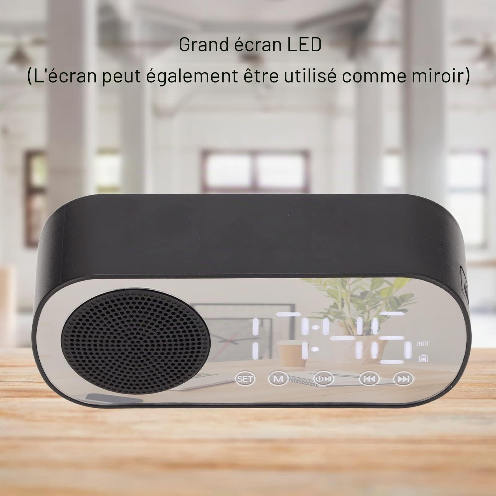 Elprico Radio Réveil Bluetooth 5.0 Enceinte sans Fil Portable, Horloge Numérique avec Double Alarme, Radio FM, Grand Écran LED Miroir, Batterie 1600mAh