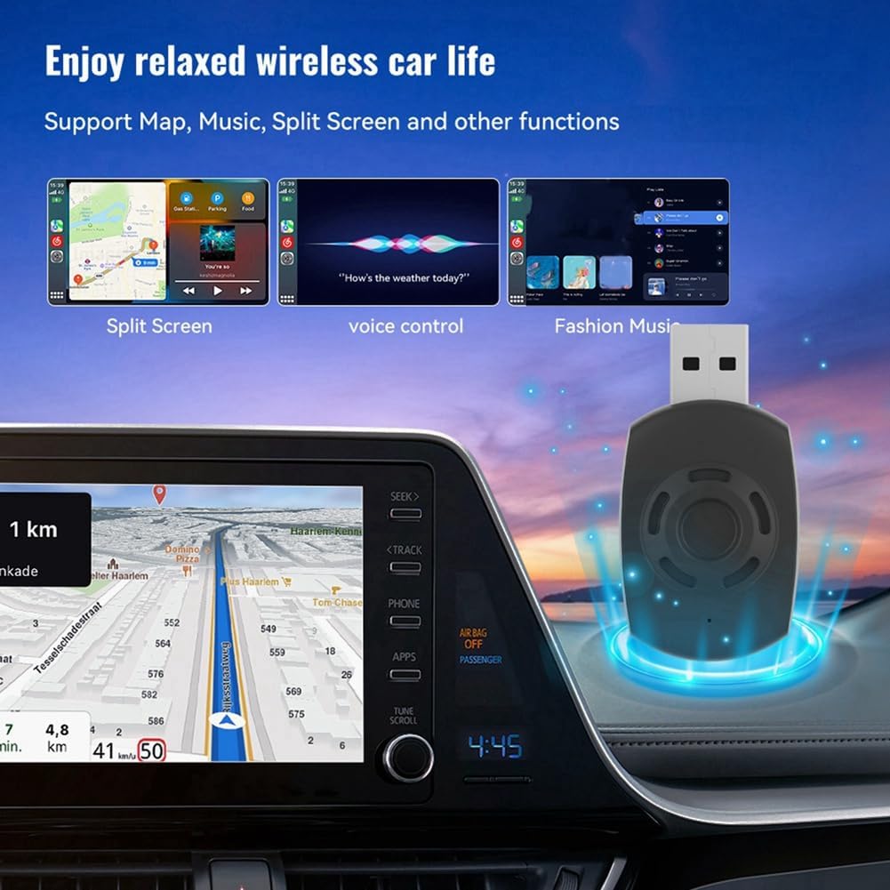 A car's infotainment screen showing split screen, voice control, and music playback, enabled by the wireless adapter.