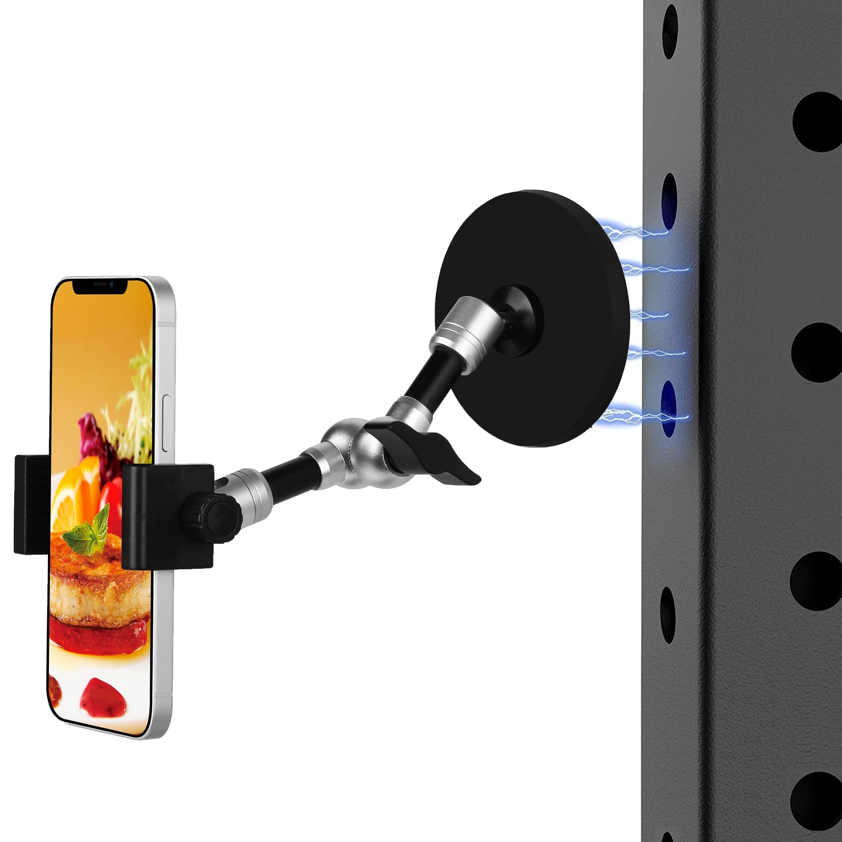 Gym Magnetic Phone Holder,Folding Working Out Phone Mount for Golf Cart,Tractor, Shelves,Car,Truck,Boat,Forklift, Attracts to Metal Surface Compatible with iPhone 15 14 13 12 Pro X Xs Xr