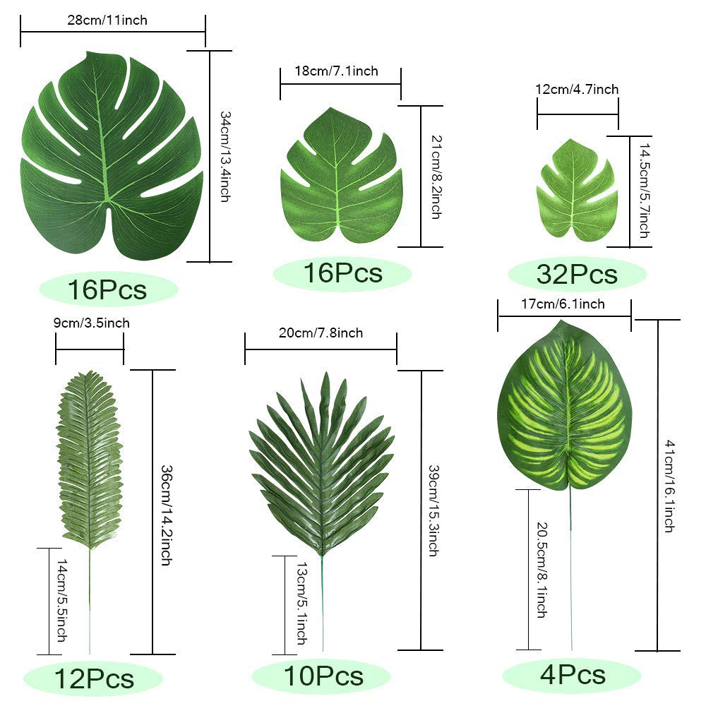 Auihiay 90 PCS 6 Kinds Monstera LeavesPalm Leaves Tropical Party
