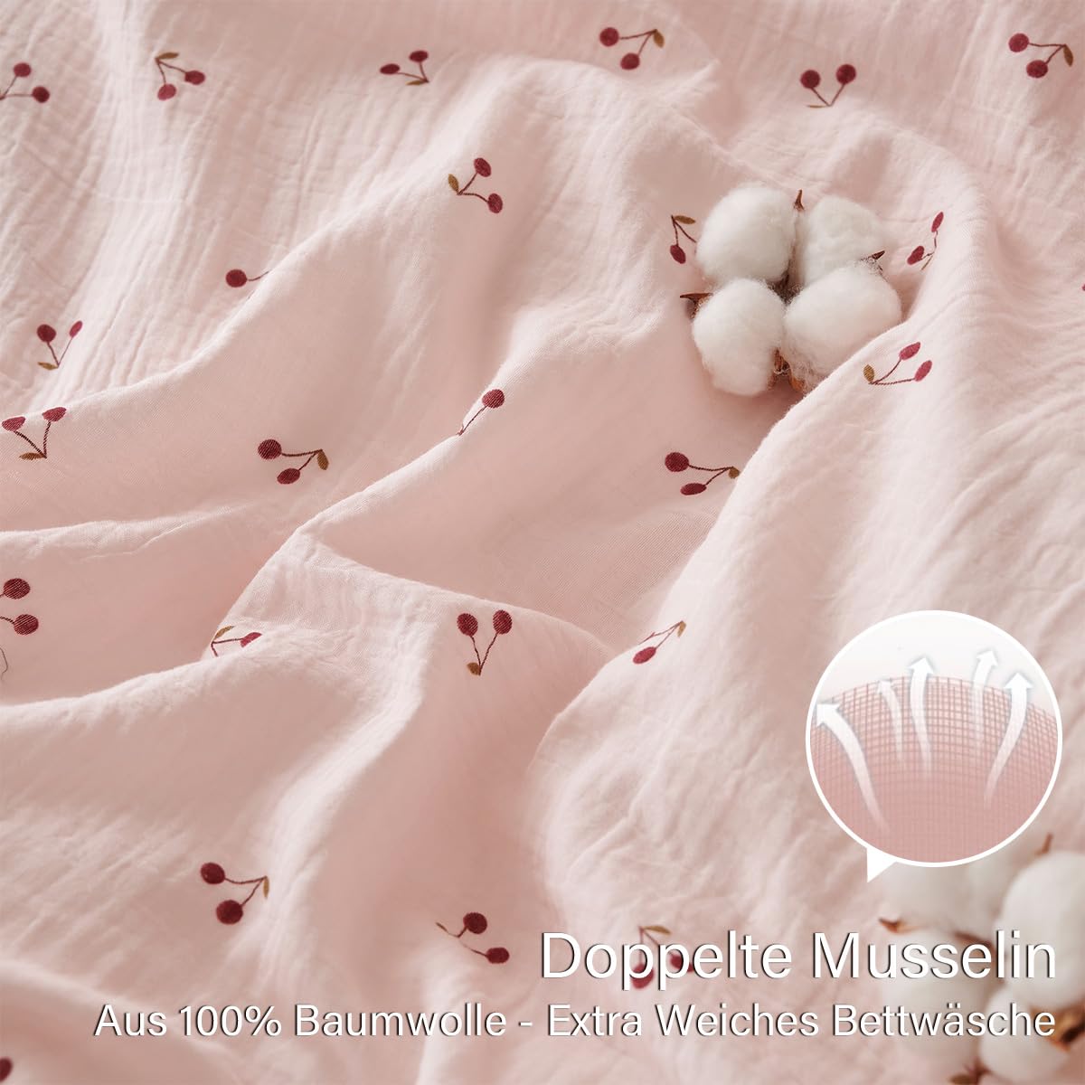 Sedefen Musselin Bettwäsche 220x240 Baumwolle Rosa Kirsche Mädchen Bettwäsche-Set mit Rüschen ÖKO-TEX Bettwäsche Musselin mit Reißverschluss, Bettbezug mit 2 Kissenbezüge 80x80 cm