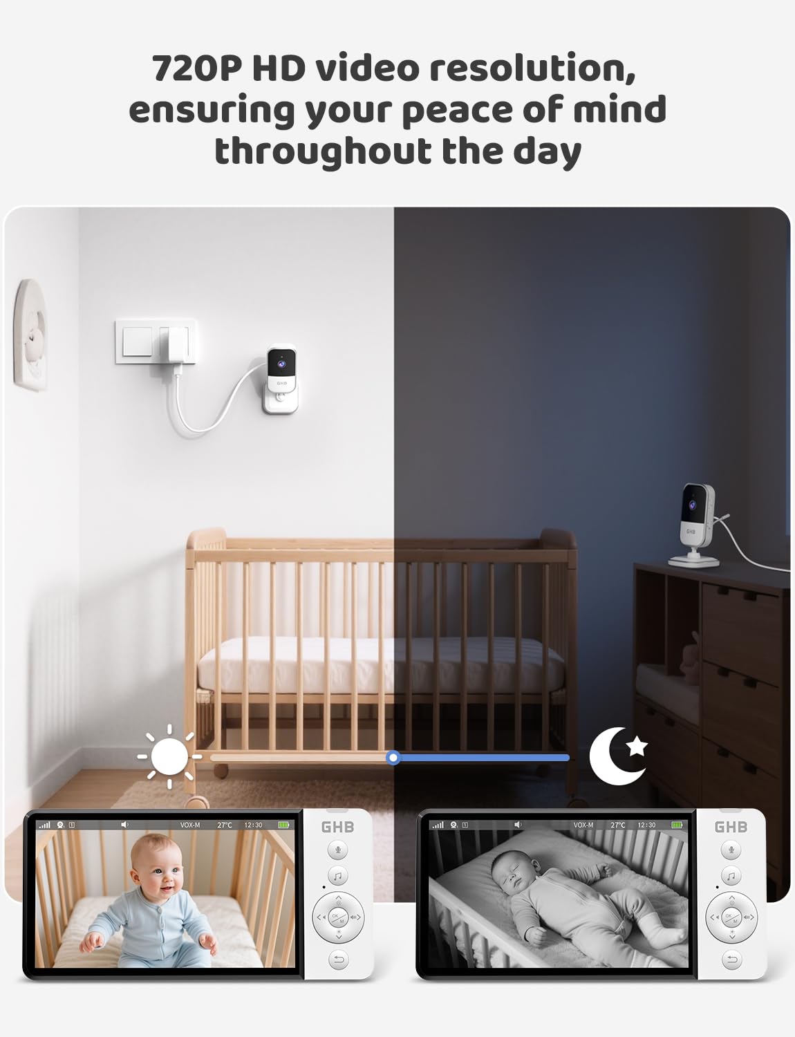 GHB Babyphone Camera 5" 720P HD 5000mAh ekran IPS VOX czujnik temperatury 4-krotny zoom dwukierunkowy dźwięk regulowana głośność