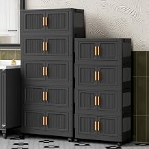4 Tier Collapsible Stackable Plastic Storage Cabinet with WaveTextured Magnetic Doors & Lockable 360 Wheels, Foldable Modular Organizer, Large Capacity Toys, Bedroom, Living Room& Dorm Storage