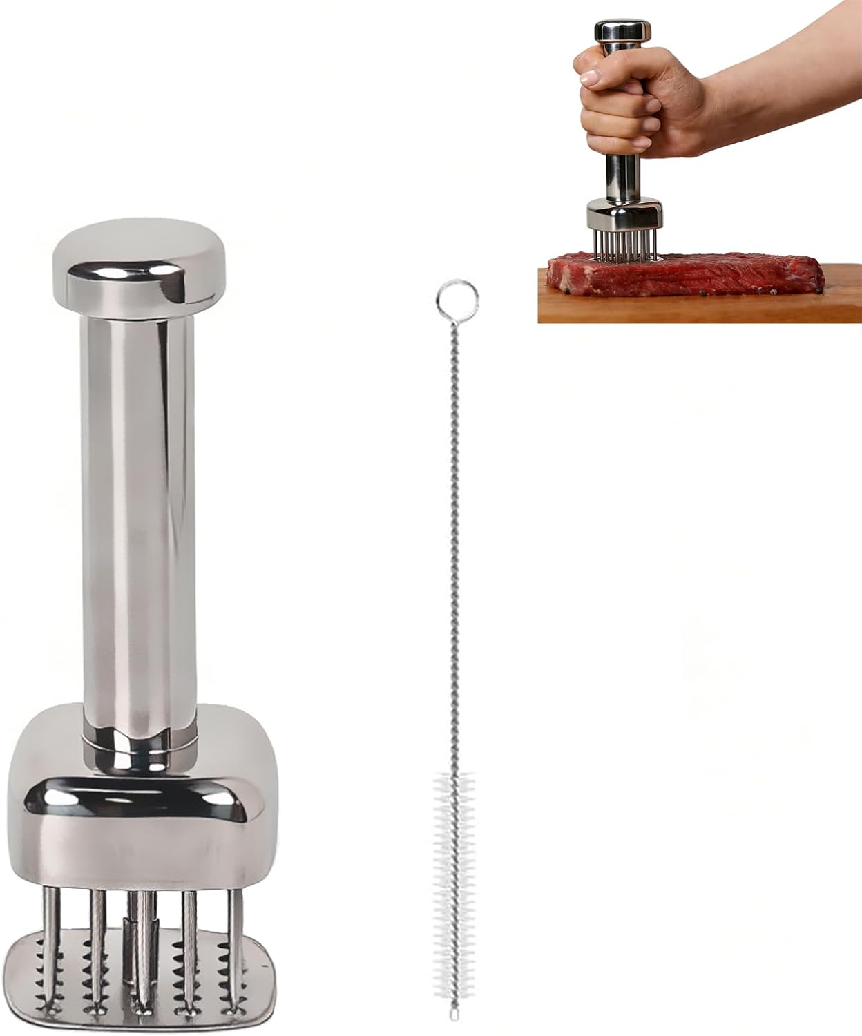 Meat Tenderizer Tool 304 Stainless Steel – 28 Needles for Faster Tenderizing, Square Head Covers More Area, Retractable Safety Guard – for Beef, Turkey, Chicken, Steak – Dishwasher Safe