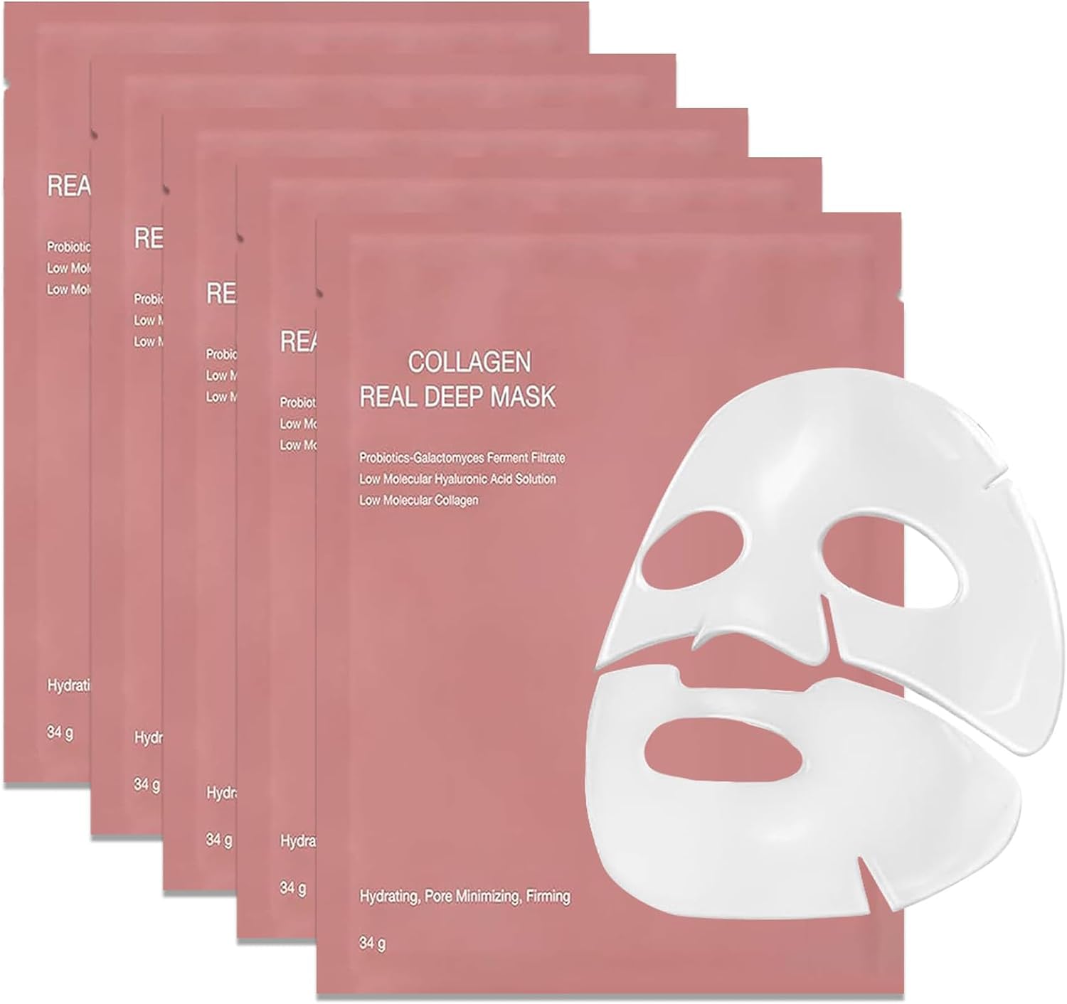 Hydrogel Korean Bio Collagen Mask, Overnight Hydrating, Real Deep, Glass Skin, Pore Minimizing, Elasticity Improvement, Pack of 5 (34g x 5)