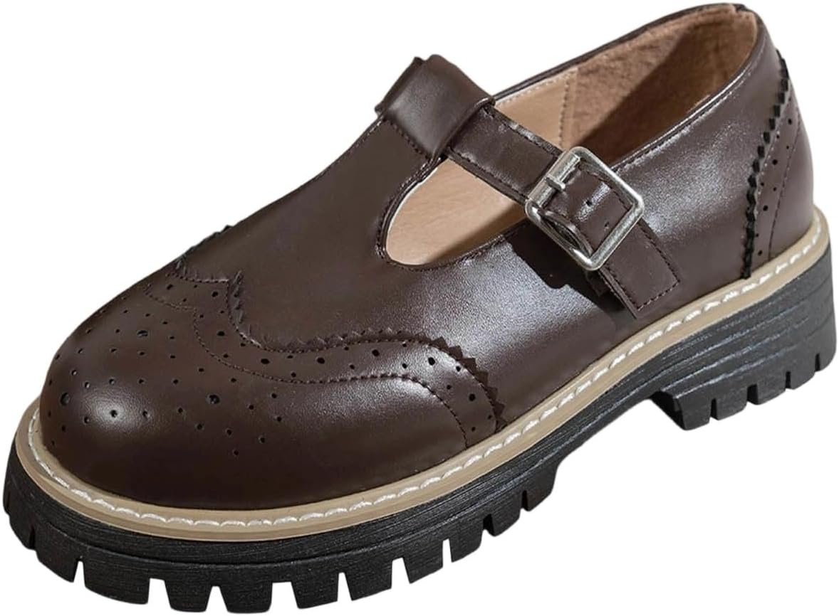 Mary Jane Shoes Women Oxford Leather Round Toe Chunky Shoes Non-Slip Ankle Buckle Strap Comfort Shoe for Cosplay Party