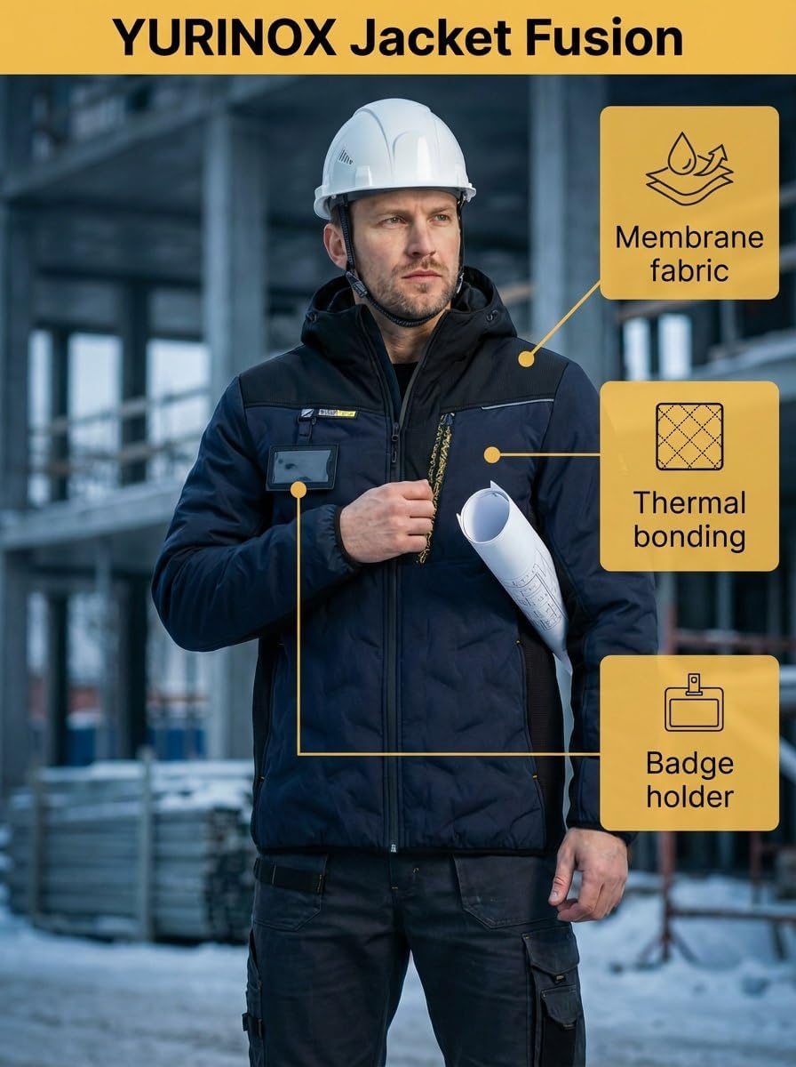 Men's Work Jacket with Hood Waterproof Thermal Bonding Windproof Badge Multi Pockets