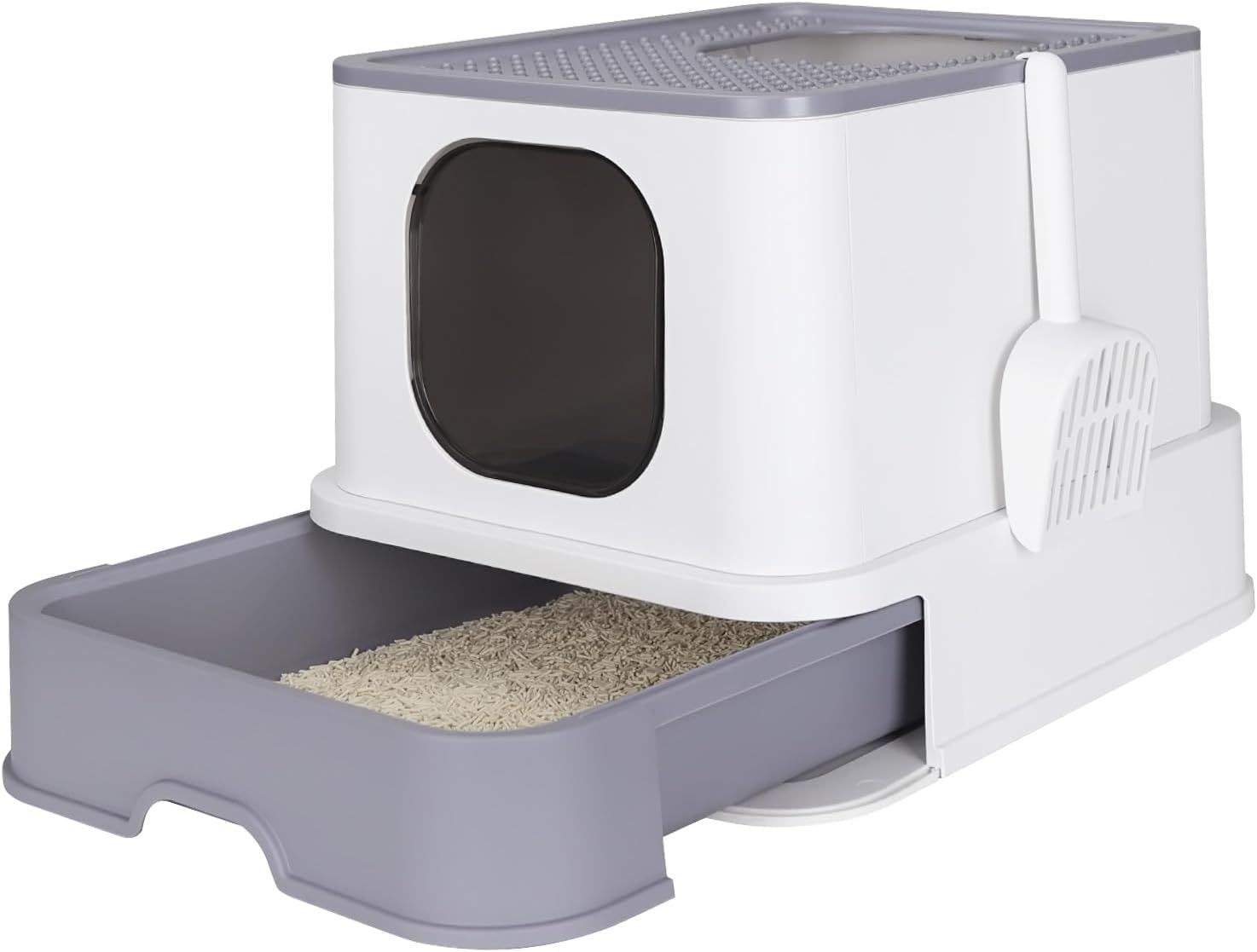 RIZZARI Large Enclosed Cat Litter Box : Covered Leak-Proof Reduces Odor - for Indoor Use Cat Owners (White)