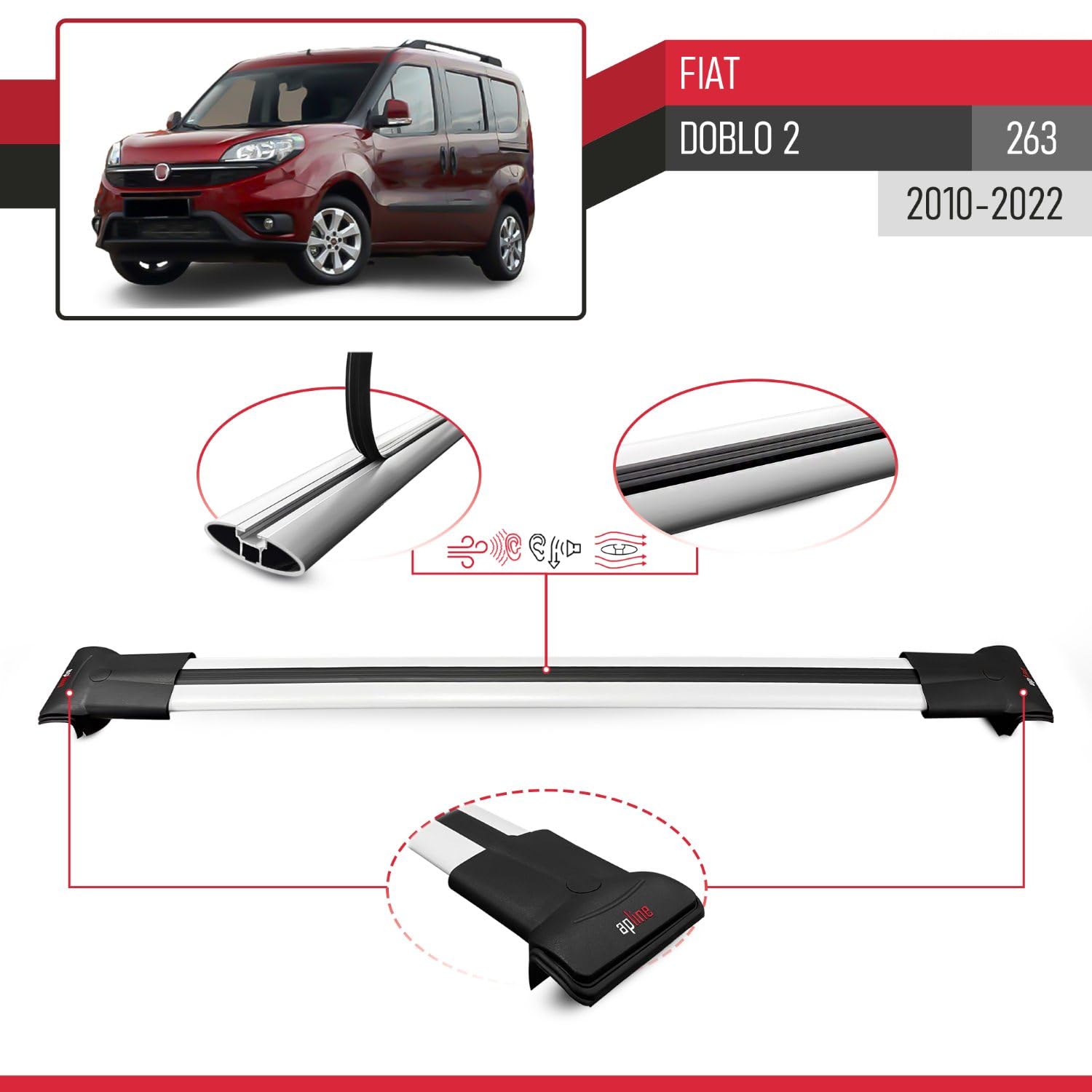 Compatible avec Fiat Doblo 2 (263) 2010-2022 Fly Modèle Barres de Toit Railing Porte-Bagages de Voiture Aluminium Gris 3 Barres