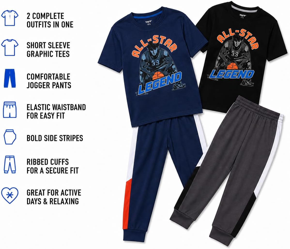 Pro Athlete Boys Sweatsuit Set - 4 Piece Short Sleeve Crewneck Athletic Graphic Tees and Tricot Jogger Sweatpants for Boys
