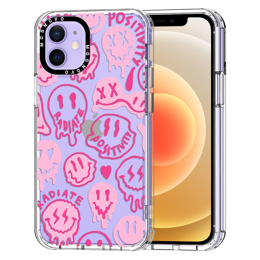 MOSNOVO Case for iPhone 12 & iPhone 12 Pro, [Buffertech 6.6ft Drop Protection & Anti Peel Off Tech] Clear TPU Bumper Phone Case Cover - Pink Dripping Smiles Positivity Radiate Face