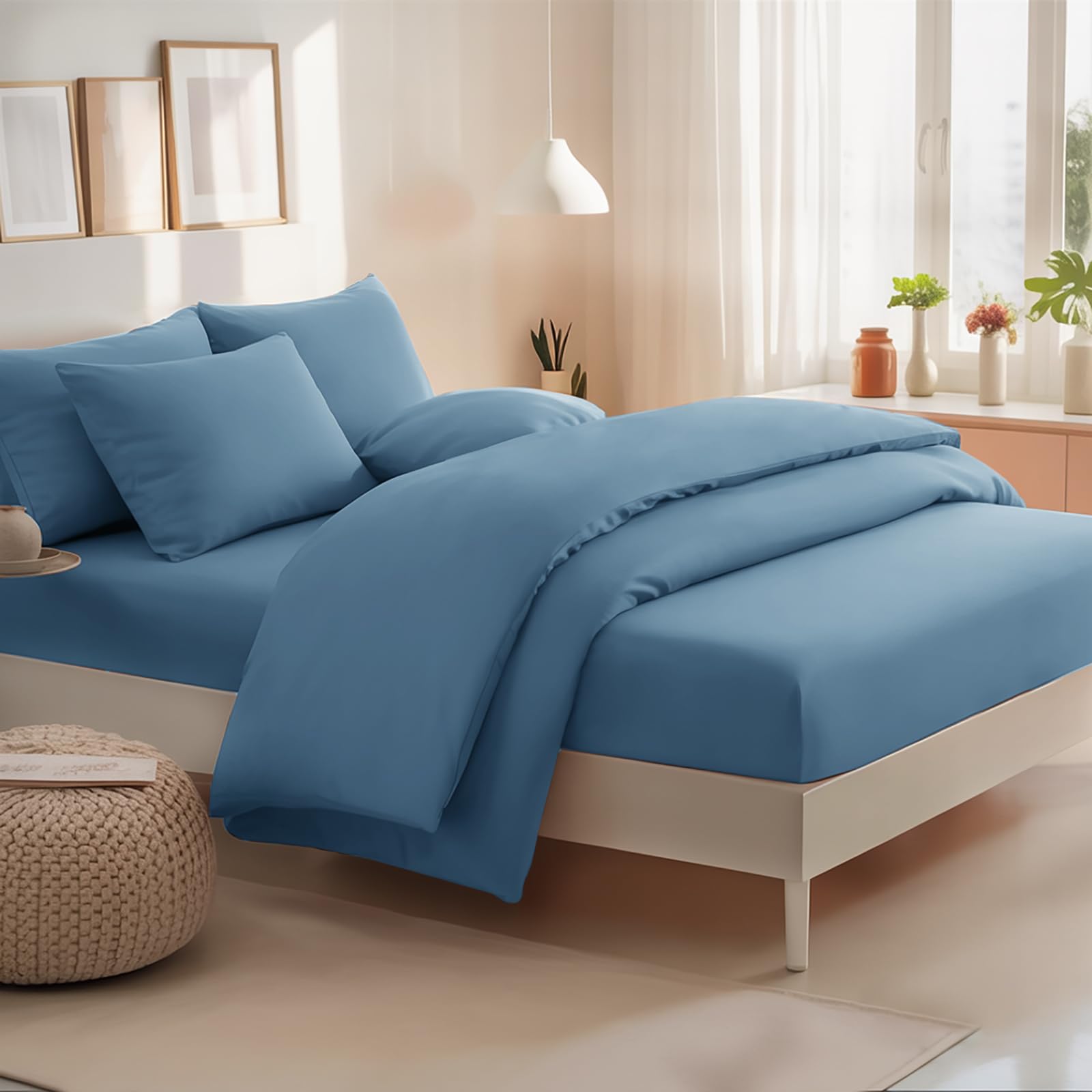RUIKASI Bedding Sets King Size Bed - 4 Piece Bedding Set Kingsize Bed, Deep Pocket Fitted Sheet and Duvet Cover with Pillow cases, Soft Microfiber Duvet Set with Zipper, Dusty Blue