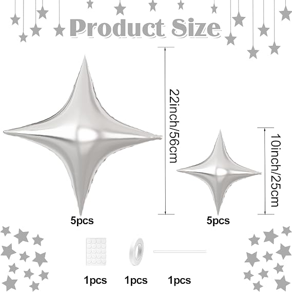GRESATEK Silver Foil Star Balloons,10Pcs Quadrangle Star Balloons,Four Angle Star Shaped Helium Mylar Balloons for Brithday,Engagement,Graduation,Wedding Party Decorations